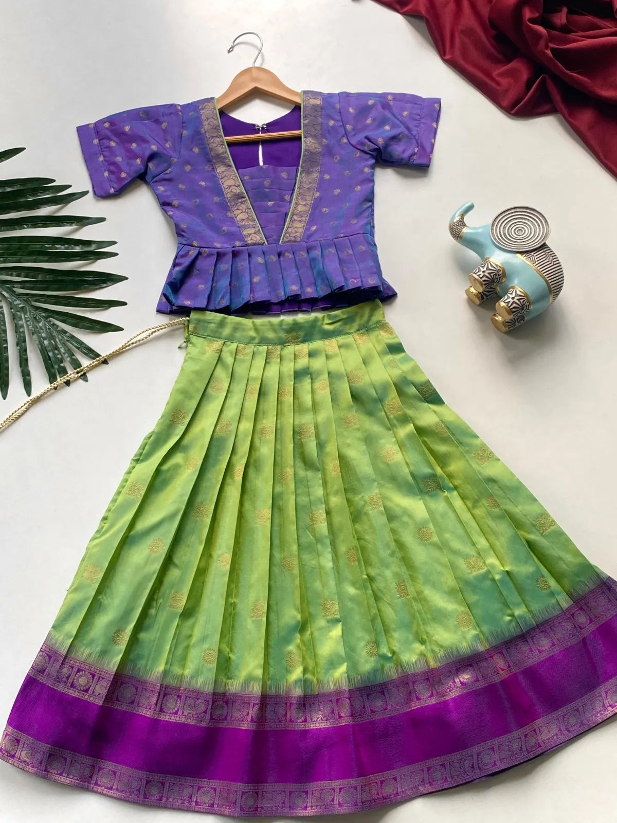 Kids Soft Silk Lehenga Choli Set - Pista