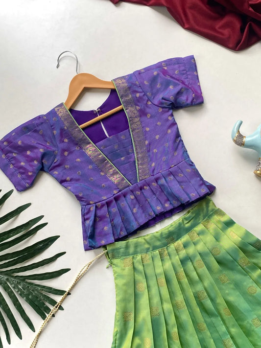 Kids Soft Silk Lehenga Choli Set - Pista