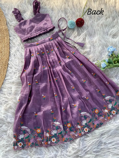 Kids Gold Crush Skirt Set with Bird Motif - Lavender