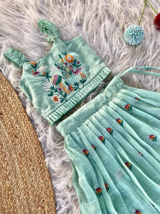 Kids Gold Crush Skirt Set with Bird Motif - Aqva