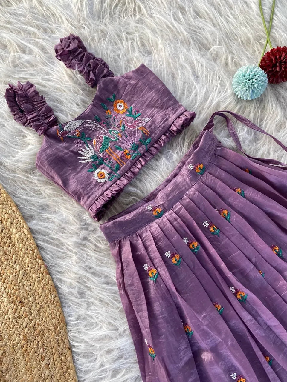 Kids Gold Crush Skirt Set with Bird Motif - Lavender