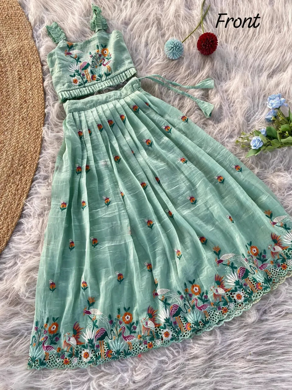 Kids Gold Crush Skirt Set with Bird Motif - Aqva