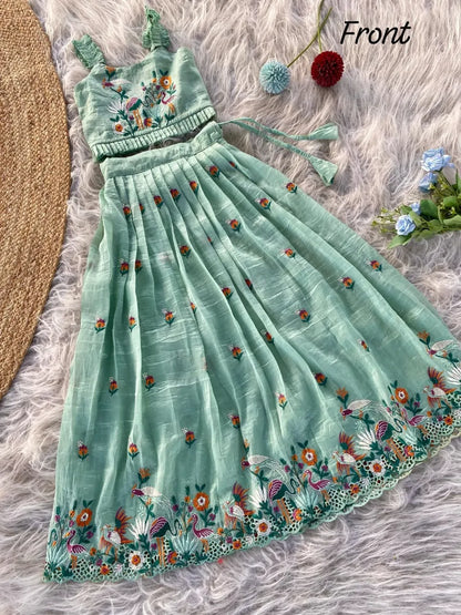 Kids Gold Crush Skirt Set with Bird Motif - Aqva