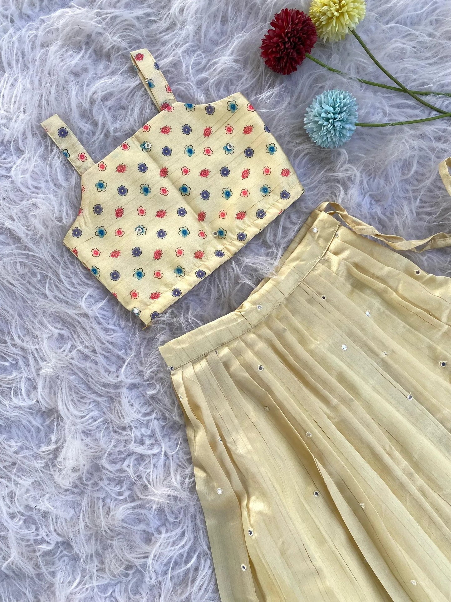 Kids Designer Handworked Skirt & Top Set - Yellow