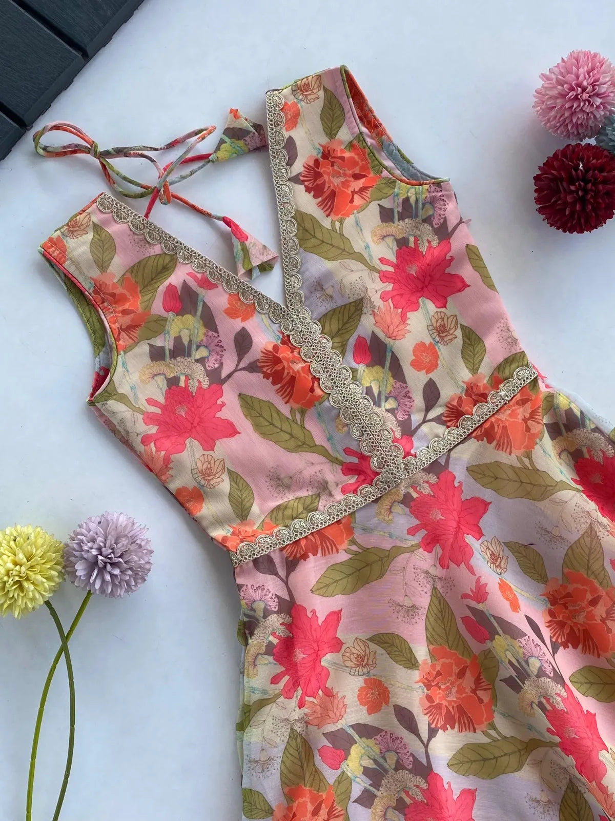 Girls Floral Print Chanderi Gown