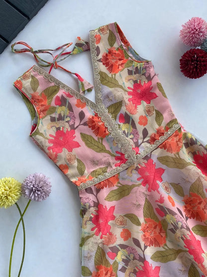 Girls Floral Print Chanderi Gown