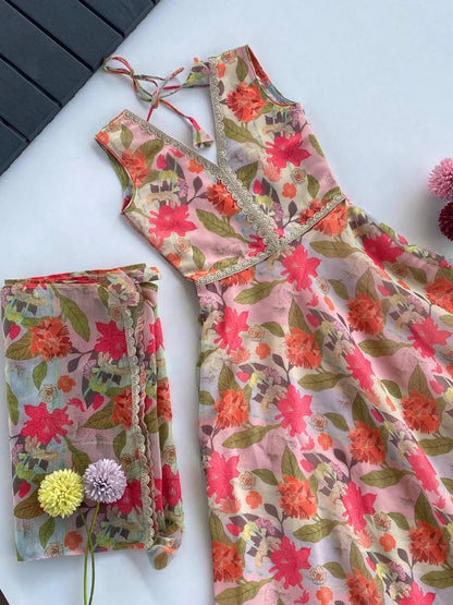 Girls Floral Print Chanderi Gown