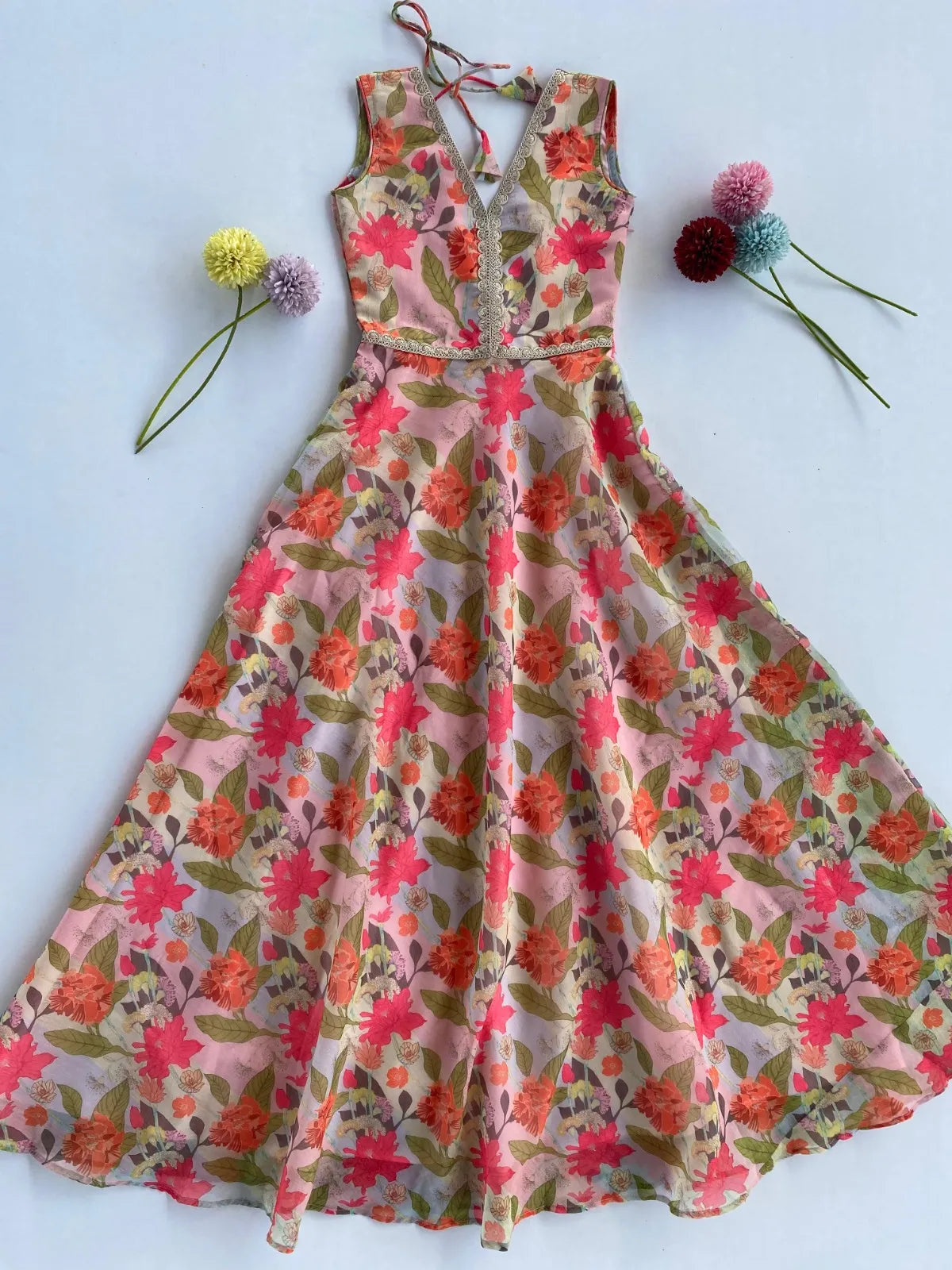 Girls Floral Print Chanderi Gown