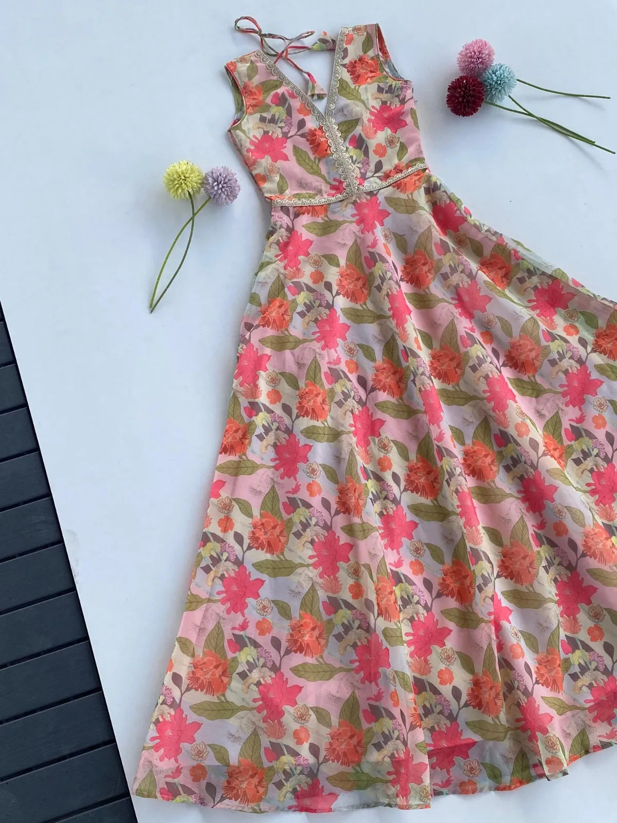 Girls Floral Print Chanderi Gown