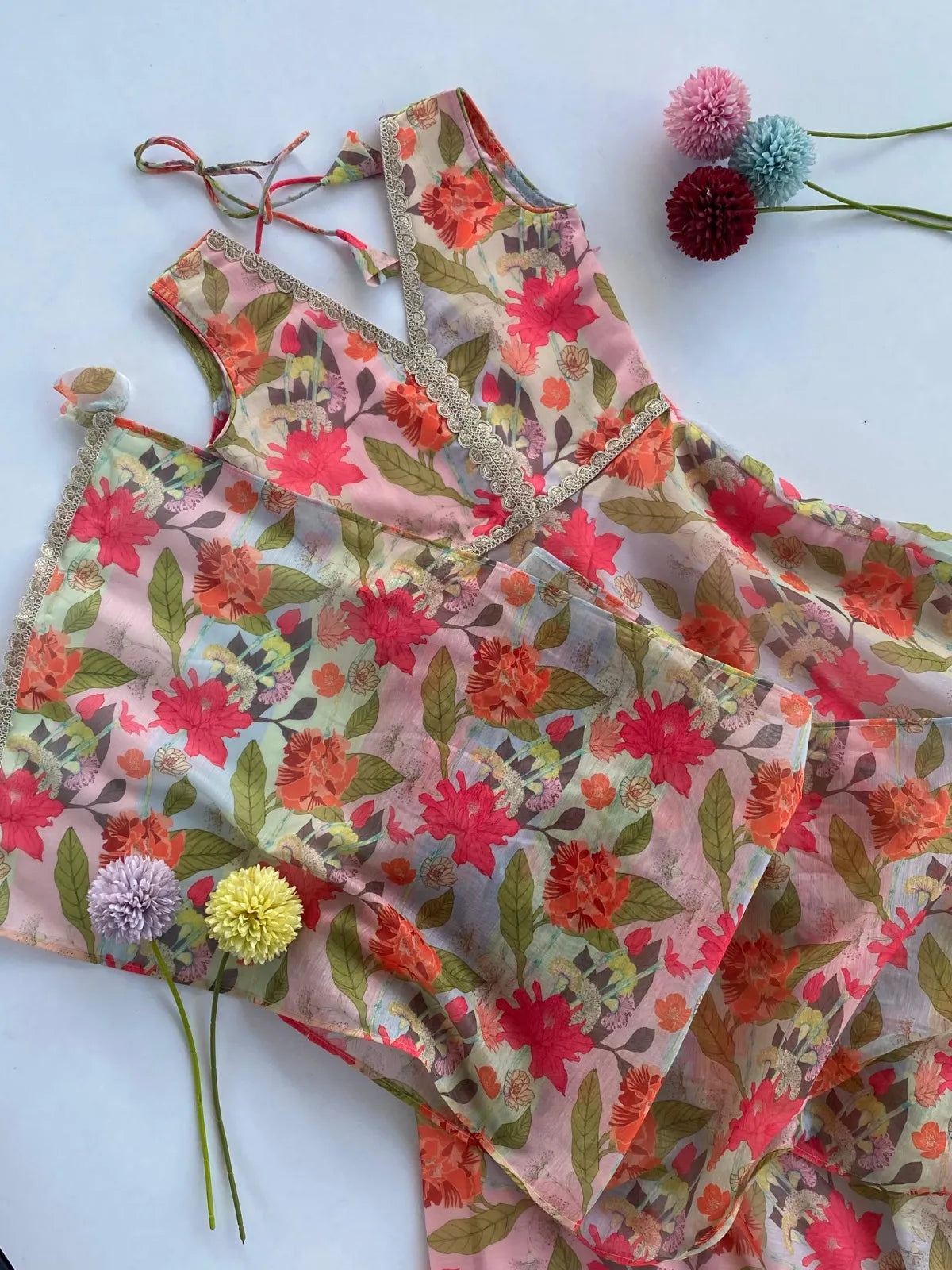 Girls Floral Print Chanderi Gown