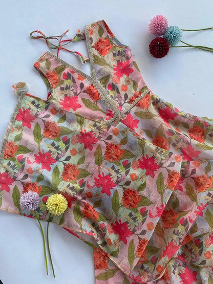 Girls Floral Print Chanderi Gown