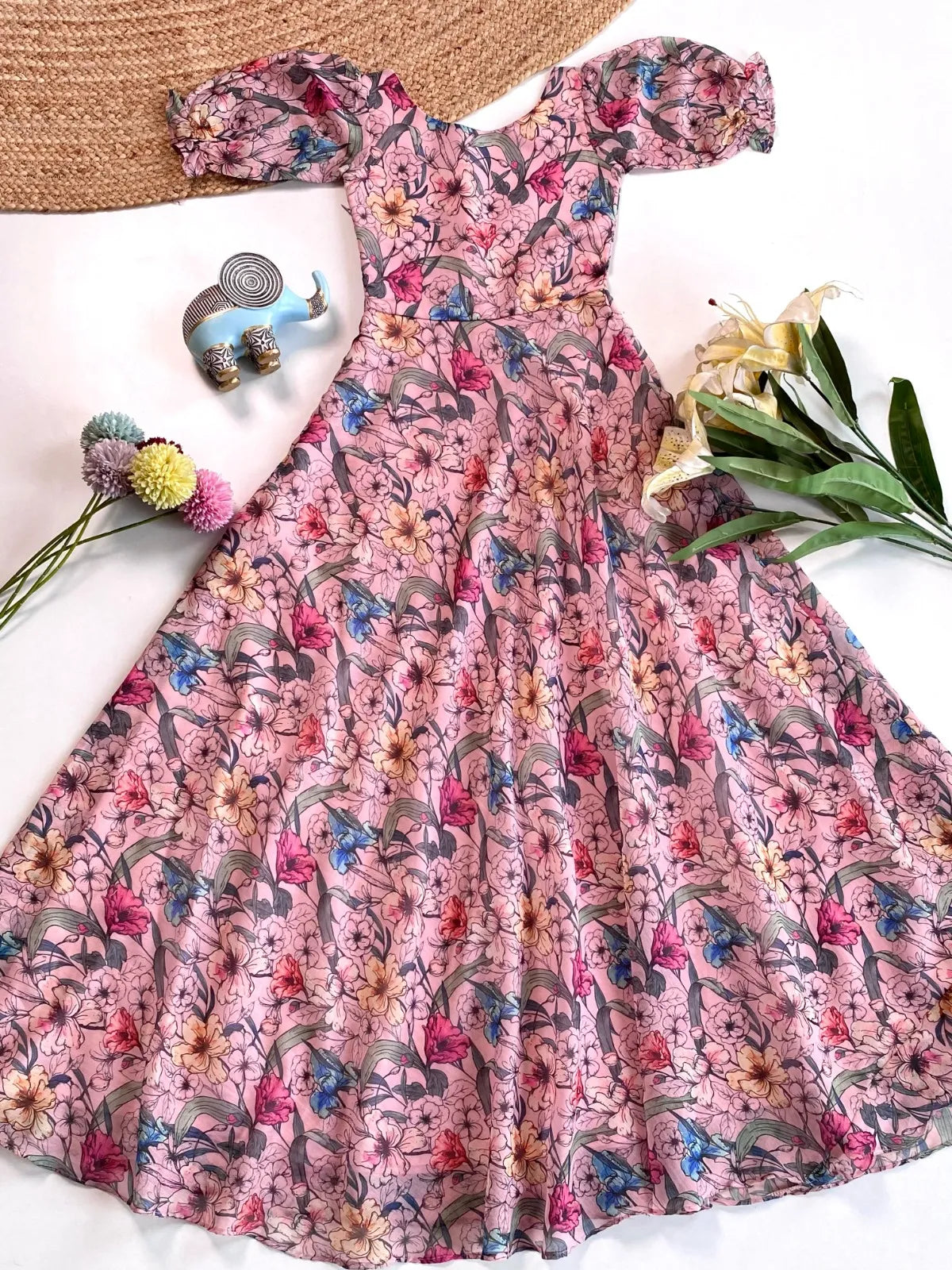 Pink Floral Printed Beautiful Girls Gown