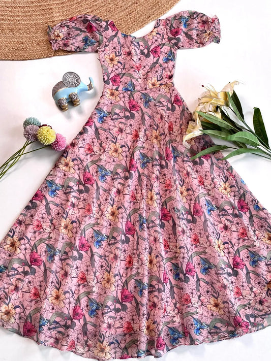 Pink Floral Printed Beautiful Girls Gown