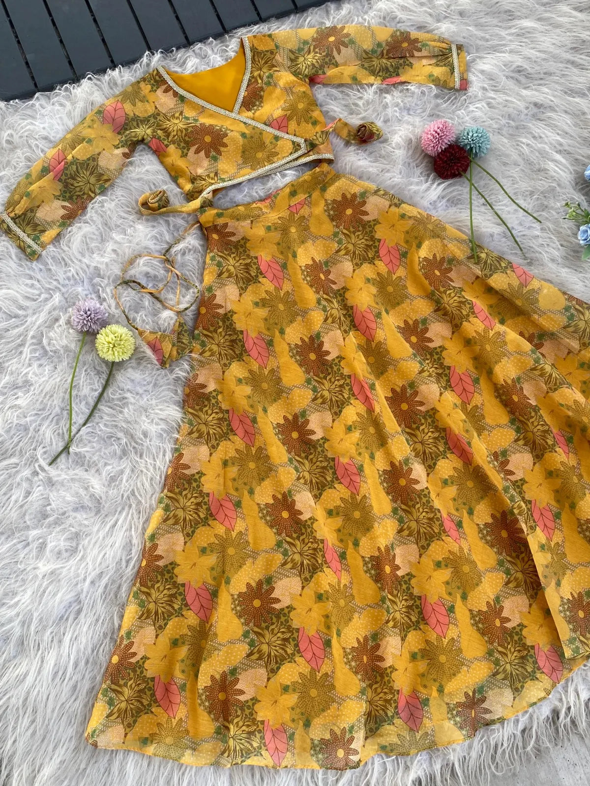 Yellow Floral Printed Beautiful Gown