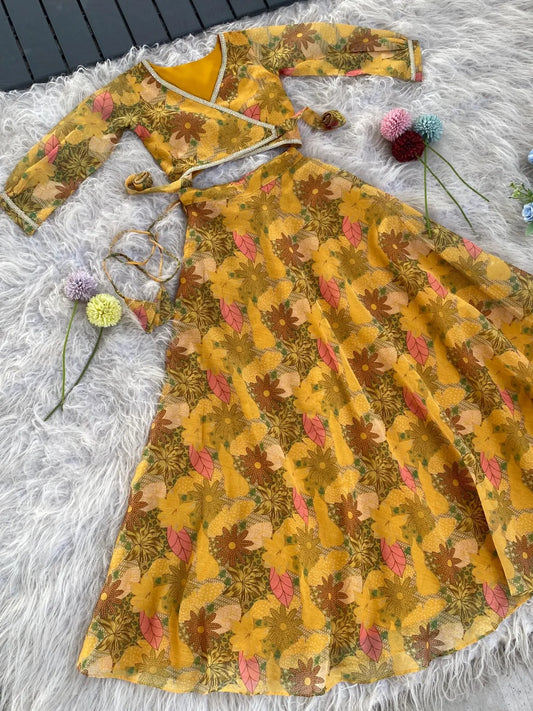 Yellow Floral Printed Beautiful Gown