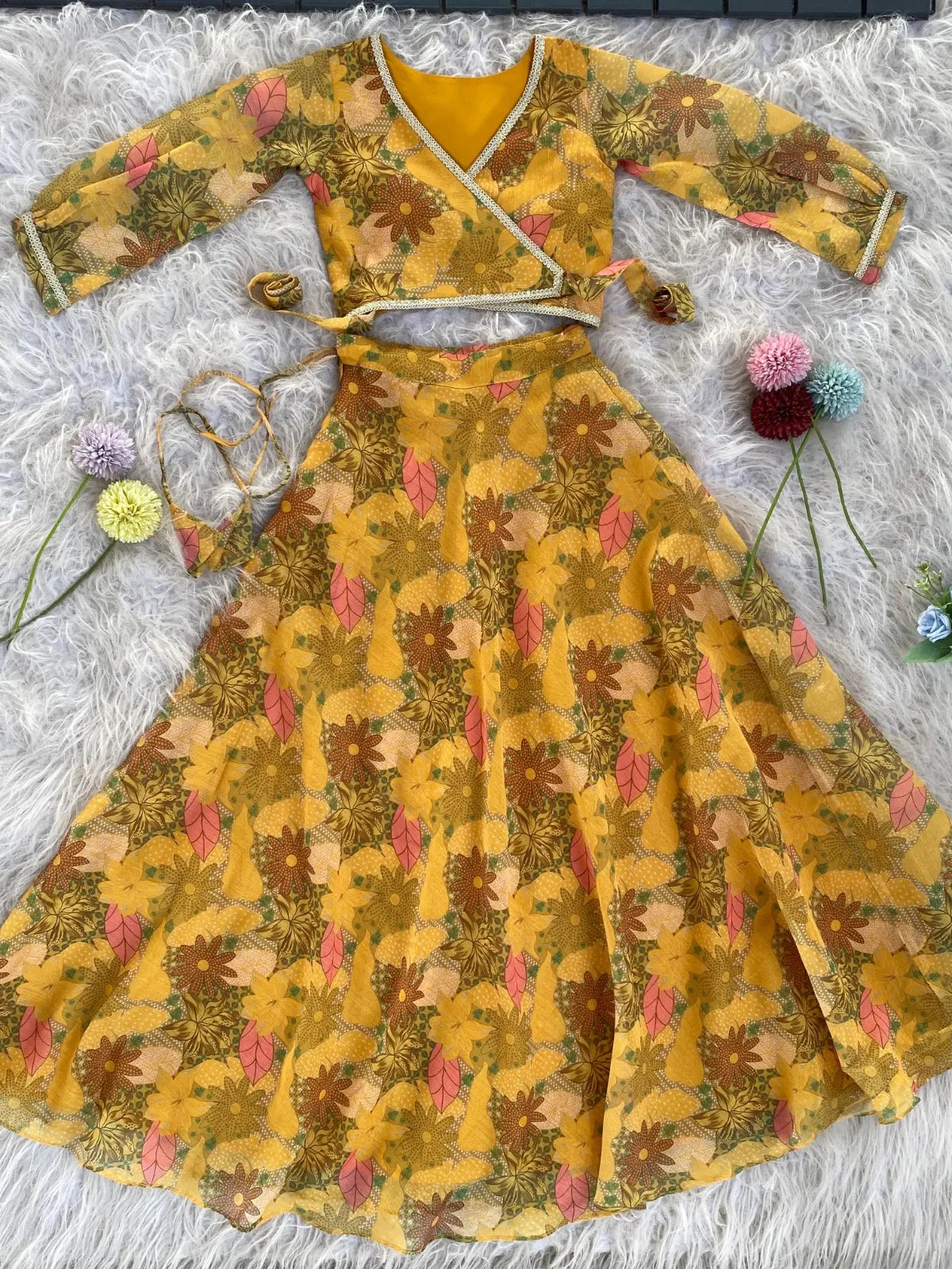 Yellow Floral Printed Beautiful Gown