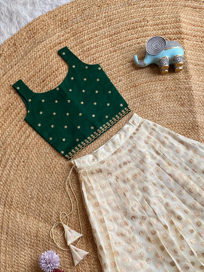 Chic Off - White Skirt & Embroidered Top Set for Girls - Green