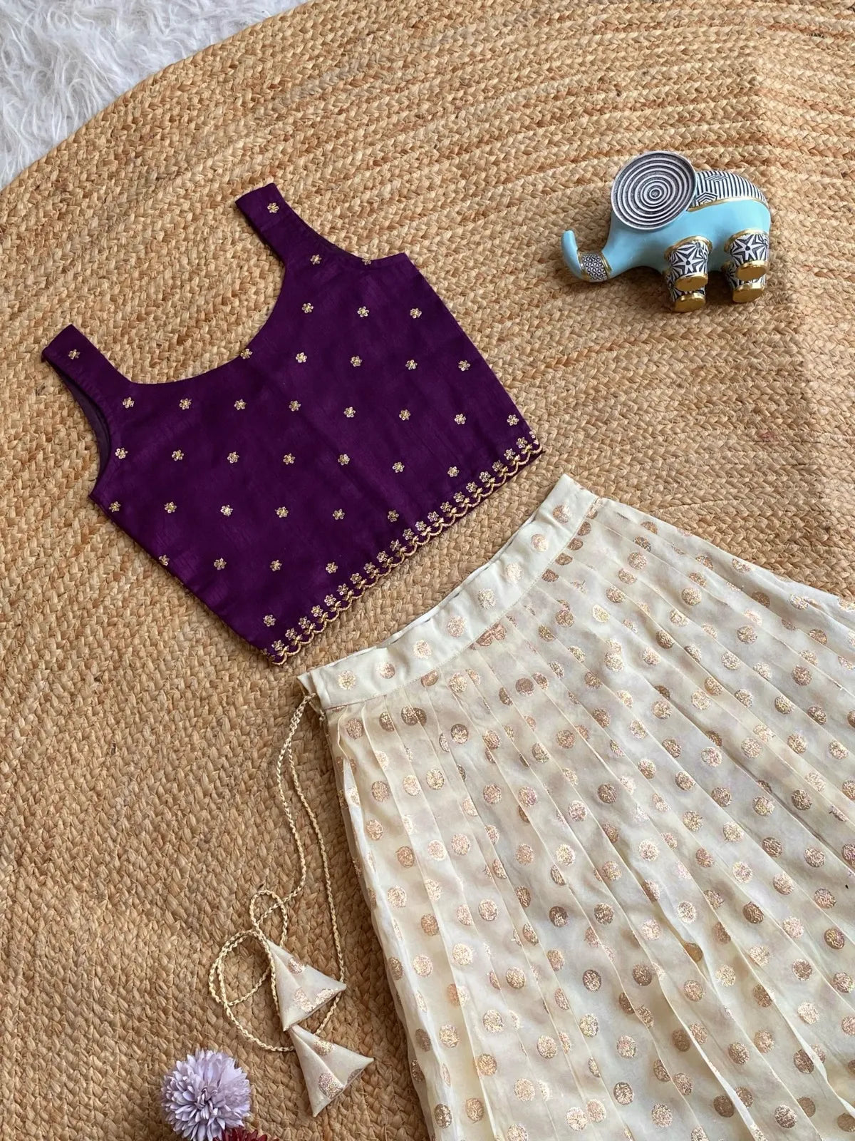 Chic Off - White Skirt & Embroidered Top Set for Girls - Wine