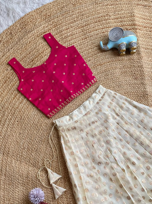 Chic Off - White Skirt & Embroidered Top Set for Girls - Pink