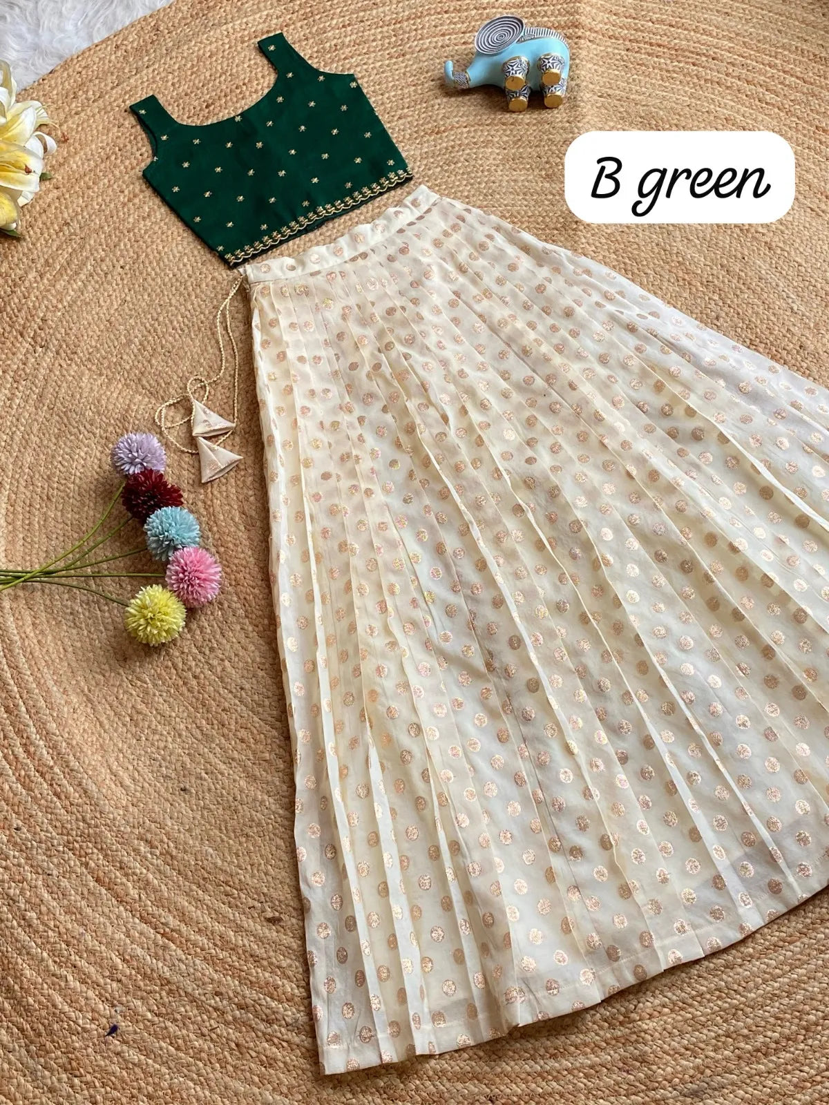 Chic Off - White Skirt & Embroidered Top Set for Girls - Green