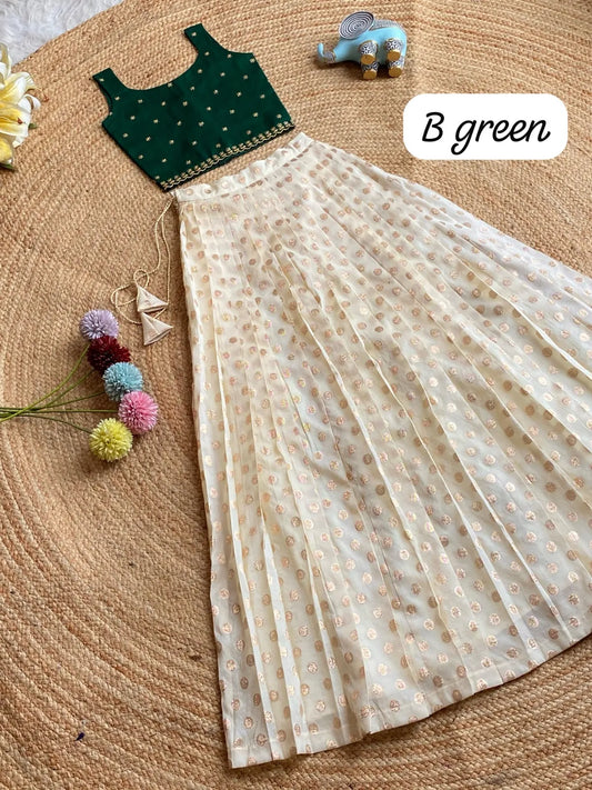 Chic Off - White Skirt & Embroidered Top Set for Girls - Green