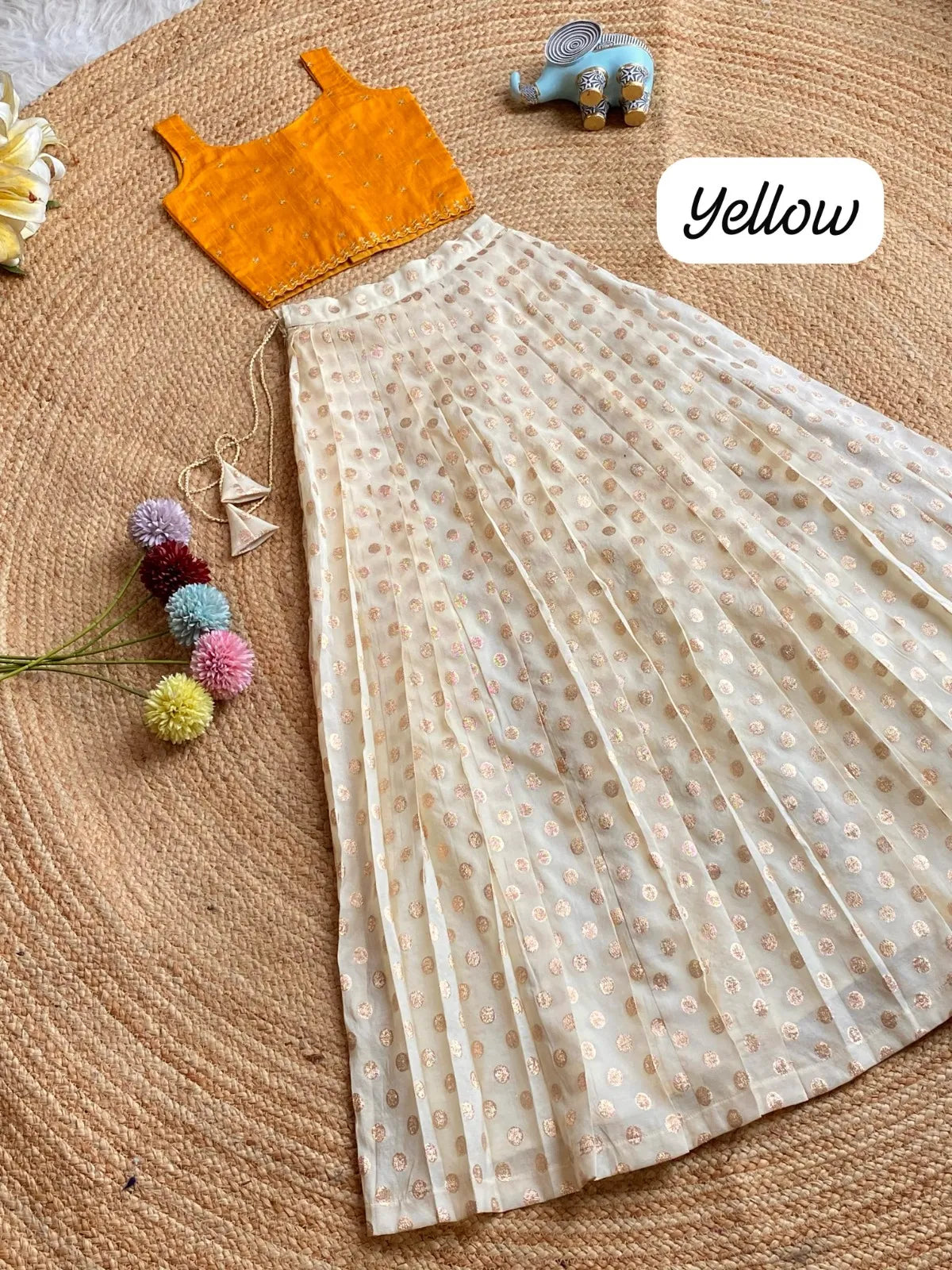 Chic Off - White Skirt & Embroidered Top Set for Girls - Yellow