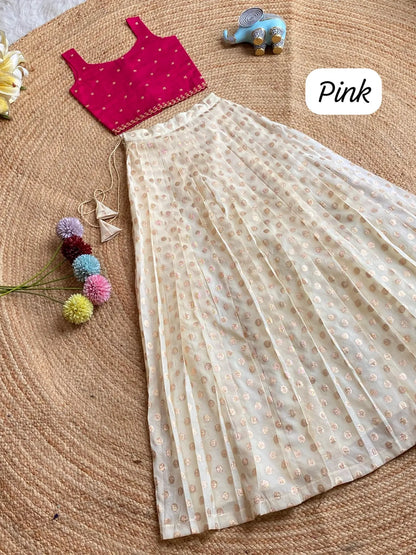 Chic Off - White Skirt & Embroidered Top Set for Girls - Pink