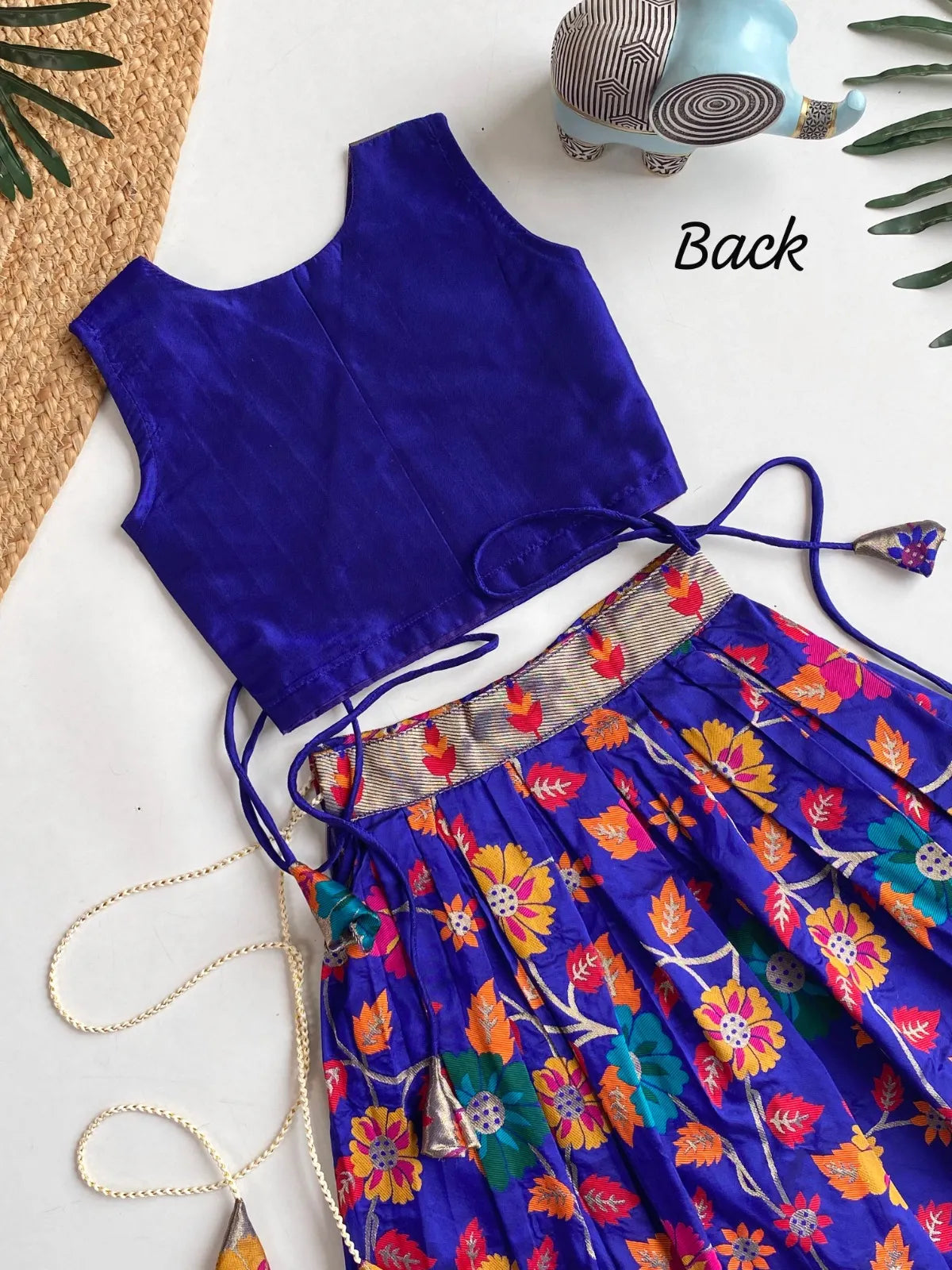 Girls Floral Brocade Lehenga Choli Set – Royal Blue