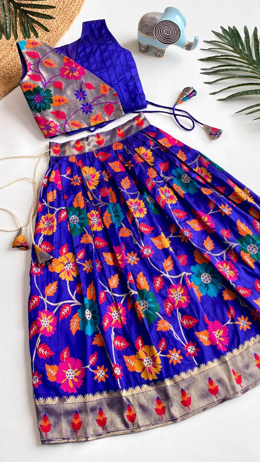 Girls Floral Brocade Lehenga Choli Set – Royal Blue