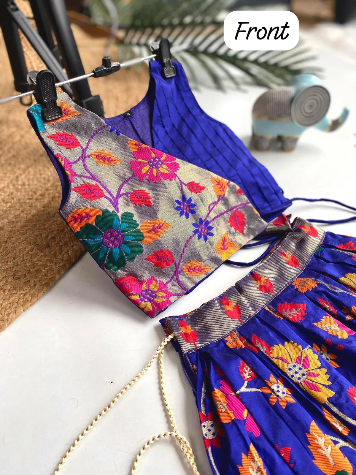 Girls Floral Brocade Lehenga Choli Set – Royal Blue