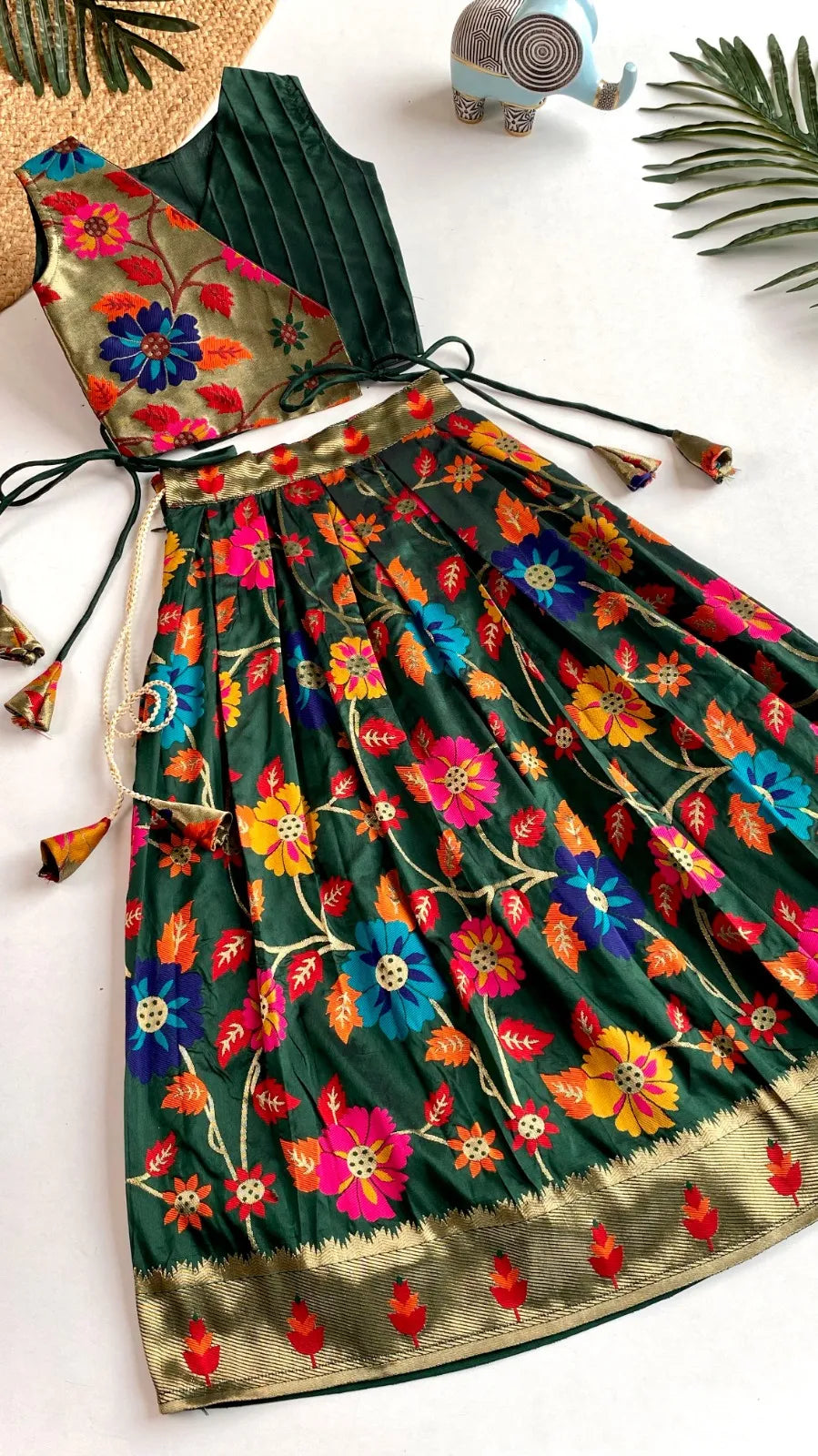 Girls Floral Brocade Lehenga Choli Set – Green
