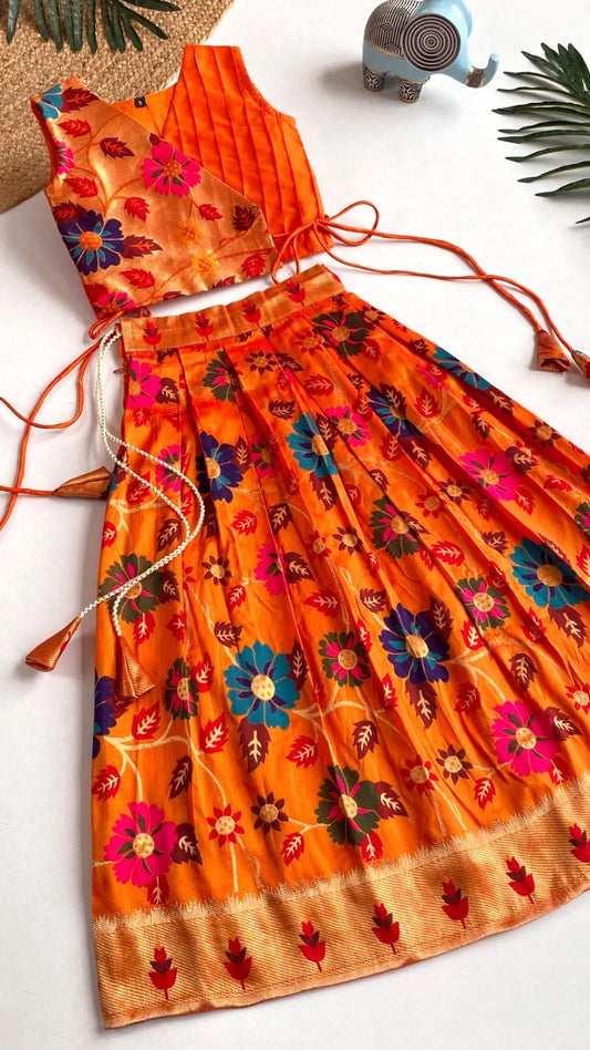 Girls Floral Brocade Lehenga Choli Set – Orange
