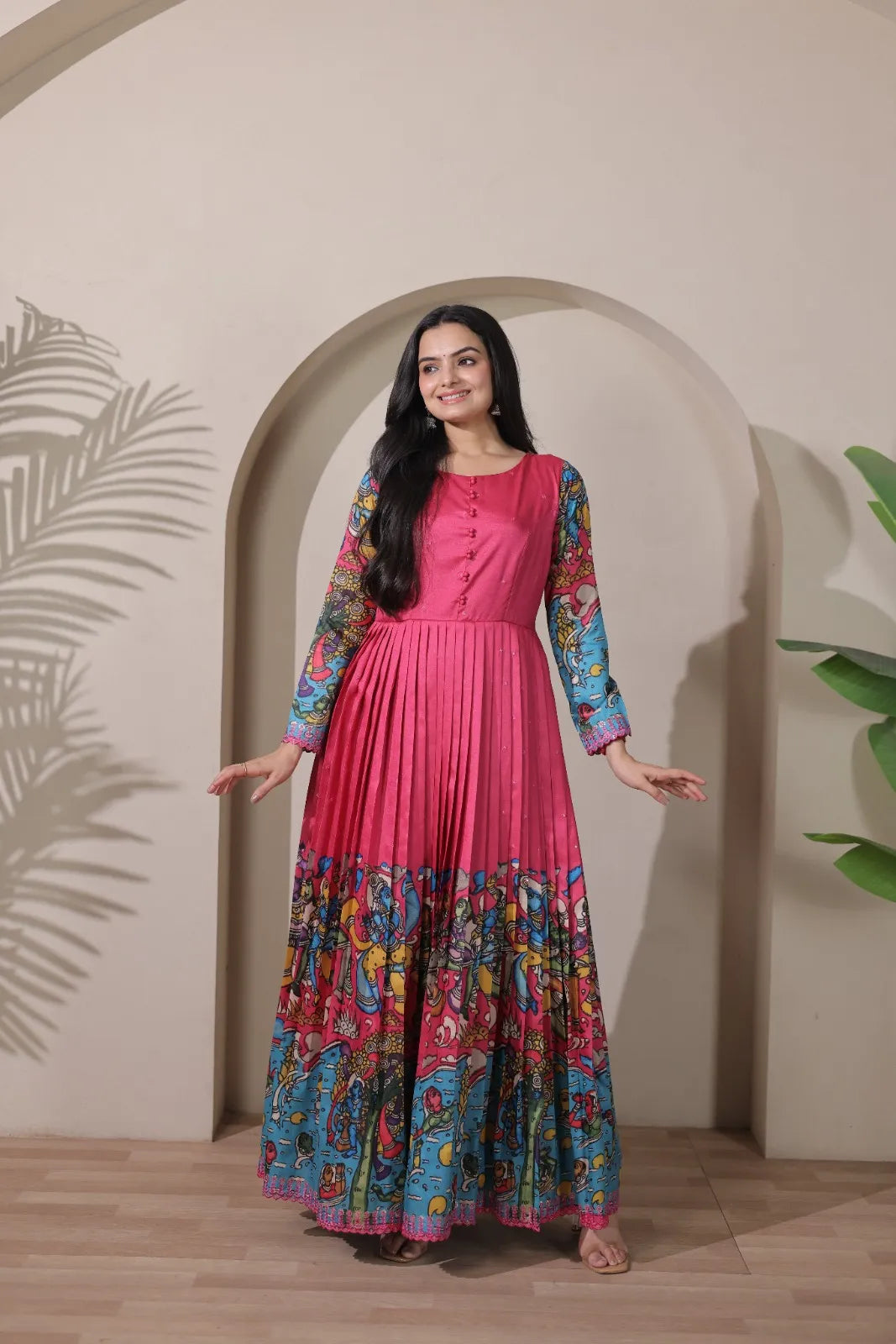 Tussar Silk Pen Kalamkari Flared Gown - Pink