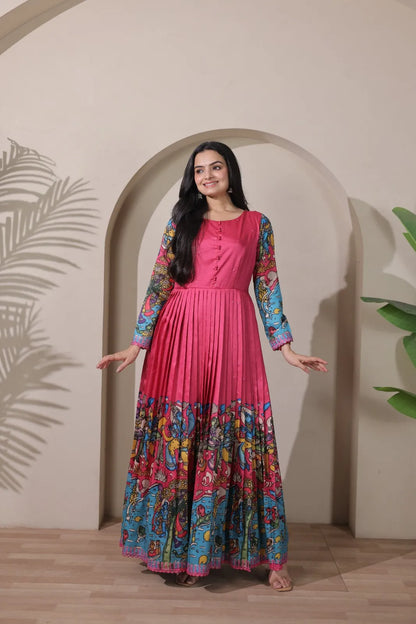 Tussar Silk Pen Kalamkari Flared Gown - Pink