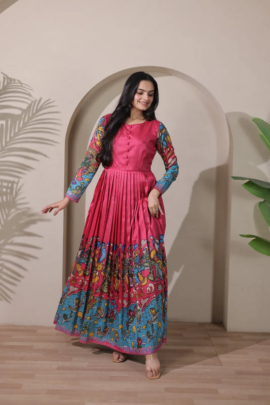 Tussar Silk Pen Kalamkari Flared Gown - Pink