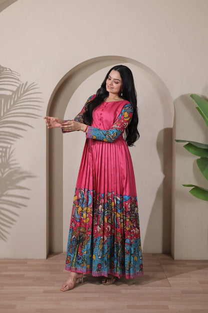 Tussar Silk Pen Kalamkari Flared Gown - Pink