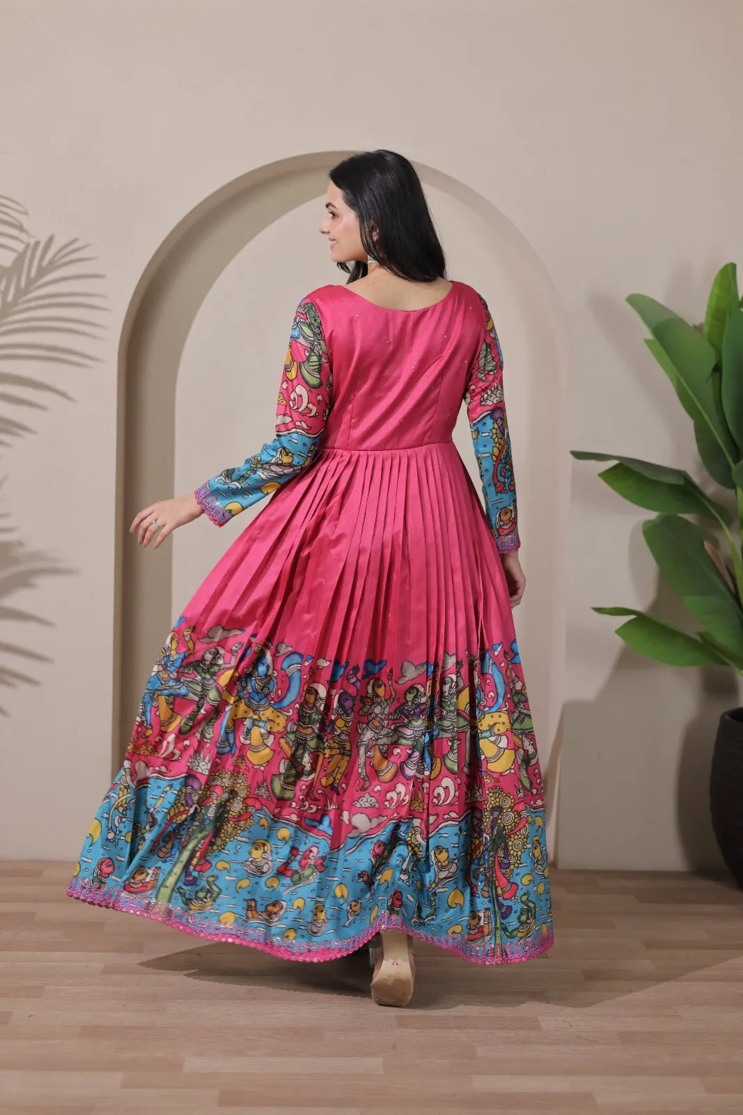 Tussar Silk Pen Kalamkari Flared Gown - Pink
