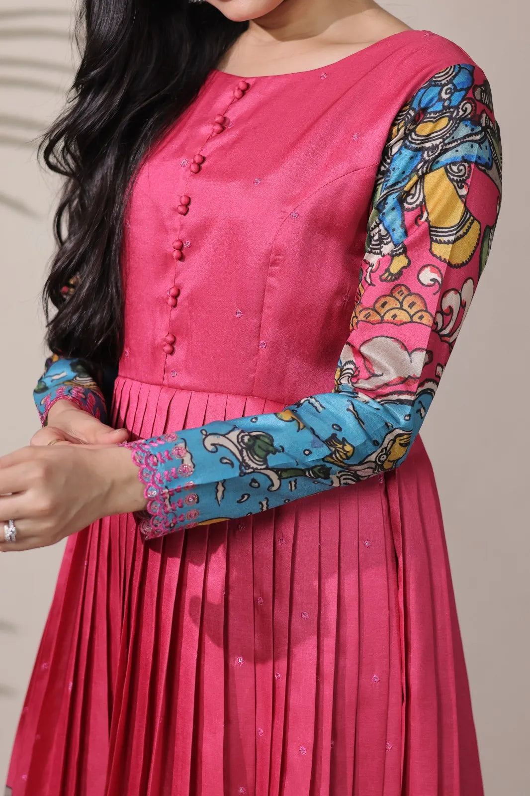 Tussar Silk Pen Kalamkari Flared Gown - Pink