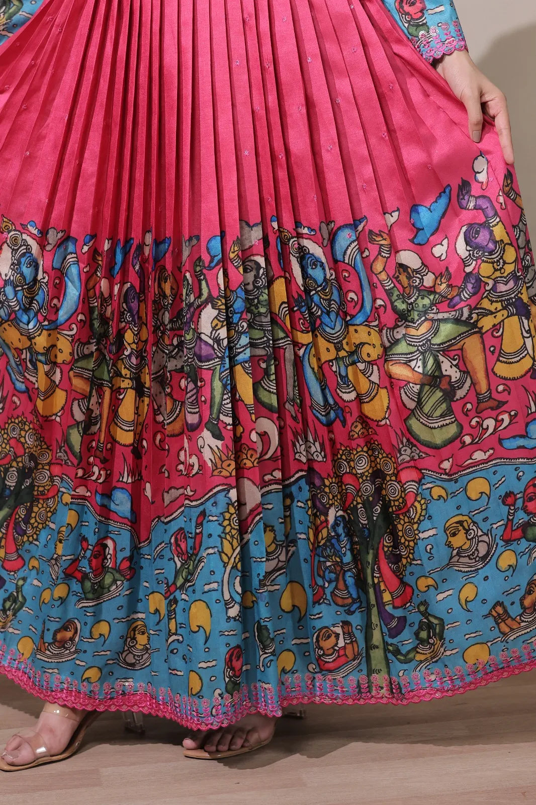 Tussar Silk Pen Kalamkari Flared Gown - Pink