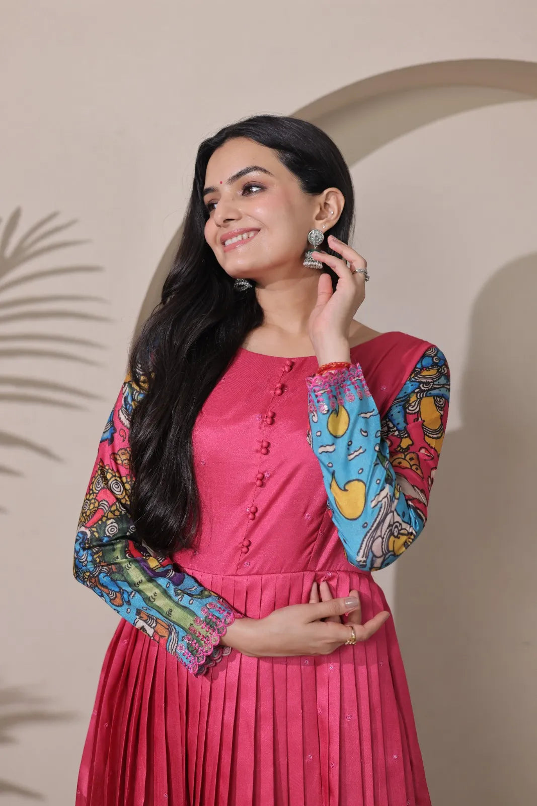 Tussar Silk Pen Kalamkari Flared Gown - Pink