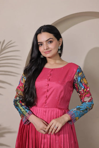 Tussar Silk Pen Kalamkari Flared Gown - Pink