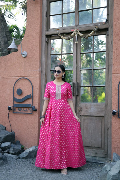 Rani Pink Gold Butti Embroidery Anarkali Gown