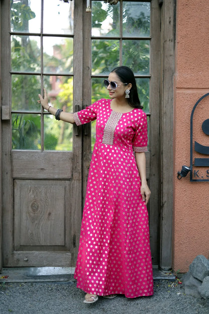 Rani Pink Gold Butti Embroidery Anarkali Gown