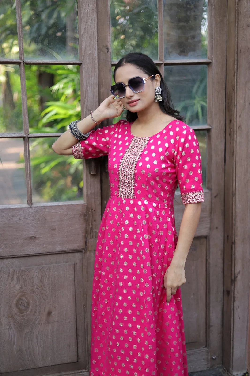 Rani Pink Gold Butti Embroidery Anarkali Gown