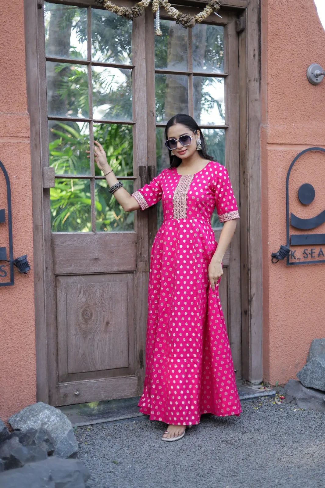 Rani Pink Gold Butti Embroidery Anarkali Gown