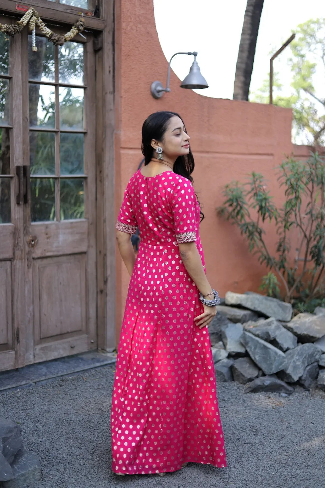 Rani Pink Gold Butti Embroidery Anarkali Gown