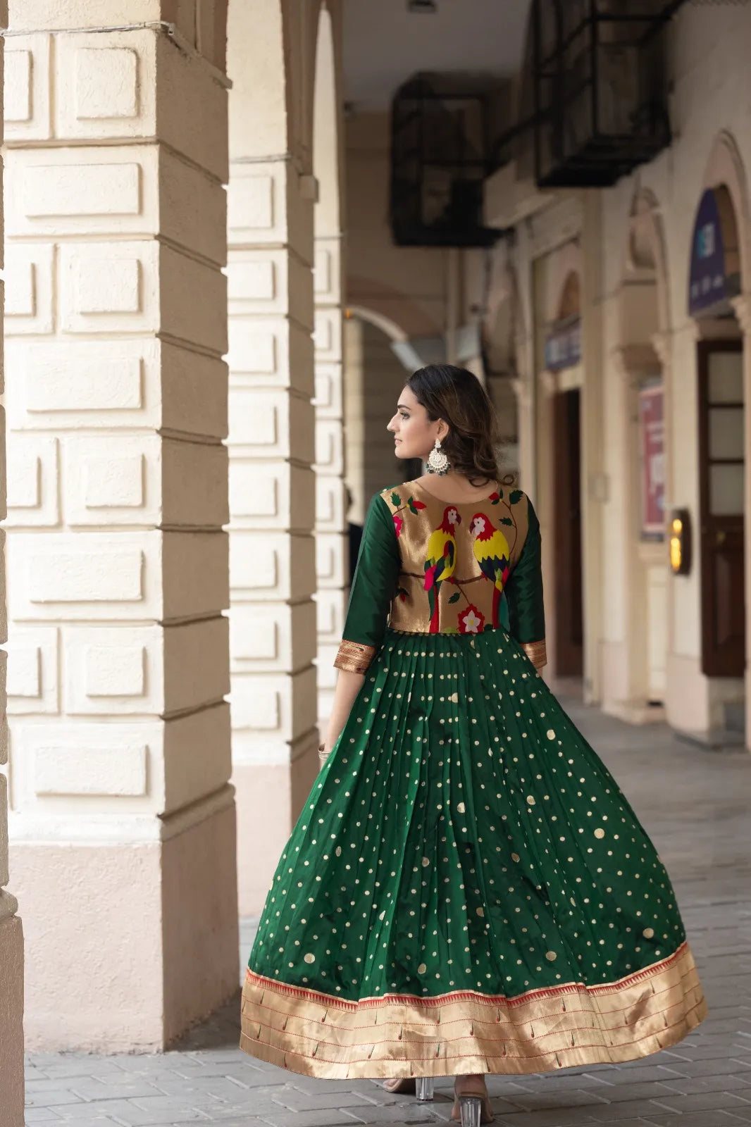 Green Paithani Silk Anarkali Gown with Zari Border