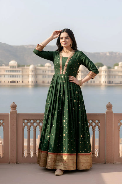 Green Paithani Silk Anarkali Gown with Zari Border