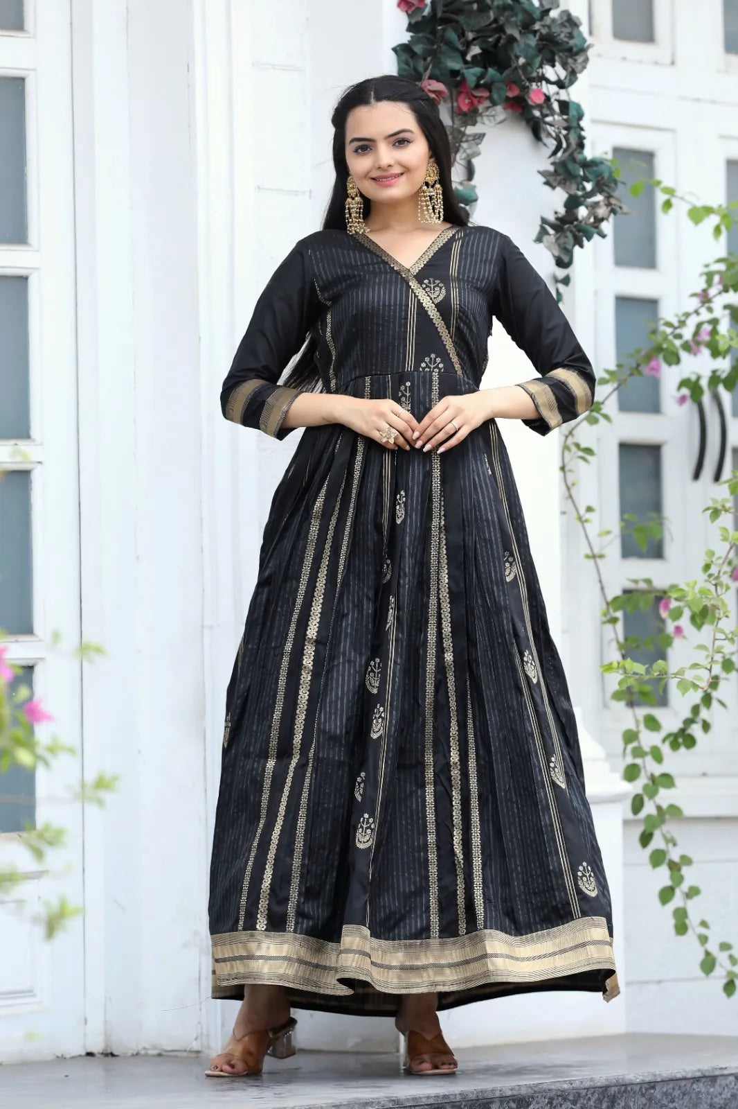 Classic Black Zari Striped Ethnic Anarkali Gown