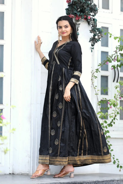 Classic Black Zari Striped Ethnic Anarkali Gown